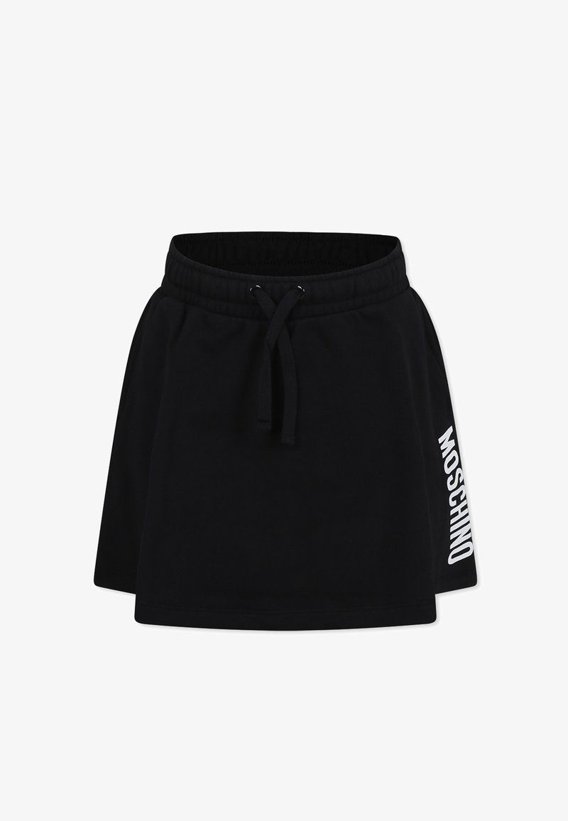 Gonna mini nera in cotone con vita elasticizzata e cordino. Presenta testo bianco "MOSCHINO" sul lato. Tessuto morbido, design casual.