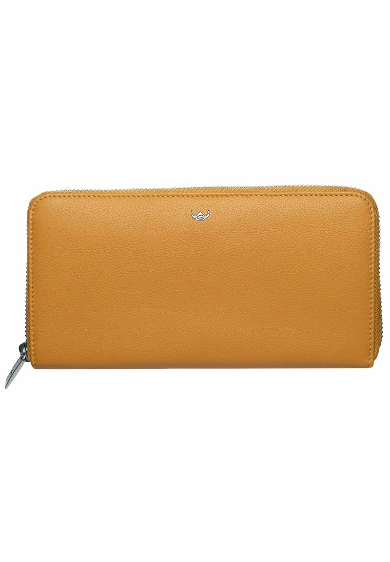 Yellow leather wallet with a textured finish, zip closure, and a small silver logo at the center. Features a sleek, rectangular shape.