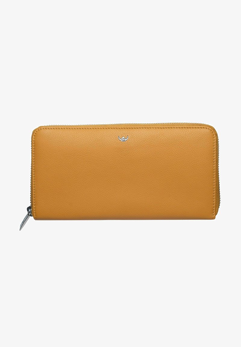 Yellow leather wallet with a textured finish, zip closure, and a small silver logo at the center. Features a sleek, rectangular shape.