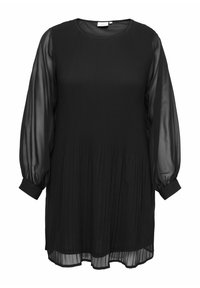 Černé šaty s kulatým výstřihem, dlouhými průsvitnými balónovými rukávy, plisovanou látkou a volným střihem, kombinující texturované a hladké materiály.