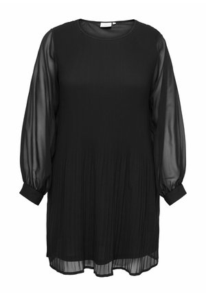 Svart klänning med rund halsringning, långa genomskinliga puffsleeves, veckad tyg och lös passform, med texturerade och släta material.