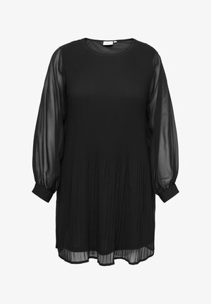 Svart klänning med rund halsringning, långa genomskinliga puffsleeves, veckad tyg och lös passform, med texturerade och släta material.