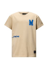 Beżowa bawełniana koszulka z okrągłym dekoltem, z niebieską grafiką "M" i tekstem "MEMPHIS" na przodzie. Krótkie rękawy, standardowy krój.