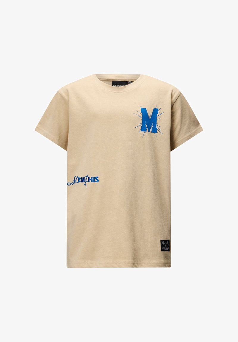 Beżowa bawełniana koszulka z okrągłym dekoltem, z niebieską grafiką "M" i tekstem "MEMPHIS" na przodzie. Krótkie rękawy, standardowy krój.