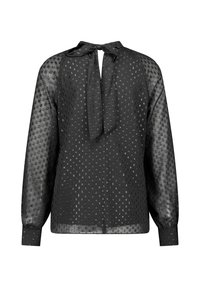 Schwarze Bluse mit einem strukturierten Muster, langen Ärmeln und einer Schleifen-Details an der Rückseite. Aus leichtem, transparentem Stoff gefertigt.