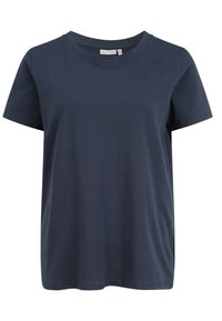 Námorně modré bavlněné tričko s krátkým rukávem a kulatým výstřihem. Má uvolněný střih a lemování s detaily šití.