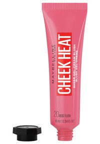 Tube de blush gel-crème rose étiqueté "CHEEK HEAT" avec un capuchon noir ; présente une étiquette transparente indiquant la teinte "20 ROSE FLUSH" et un volume de 10 ml.