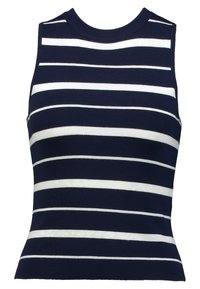 Top sin mangas a rayas en azul marino y blanco, de tela de punto acanalada, diseño ajustado, escote redondo, rayas horizontales de diferentes anchos.