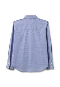 Camisa de manga larga a cuadros azul y blanco, fabricada en algodón, con puños abotonados, dobladillo curvado, detalle en la yugo trasero y cuello con textura suave.