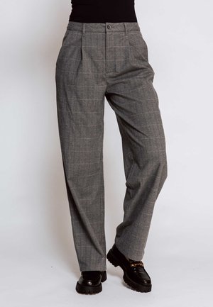 Graue karierte Hose mit tailliertem Schnitt, Kellerfalten vorne und Knopfverschluss. Strukturierter Stoff mit dezenten Linien und weitem Bein.