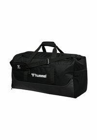 Black duffel bag with dual handles and adjustable shoulder strap. Made of durable fabric with a smooth, shiny bottom panel. Features logo.