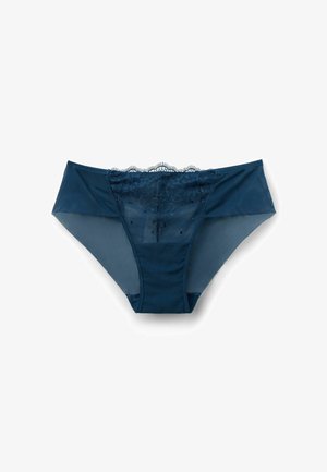 Námořnické modré krajkové a síťované dámské kalhotky s květinovou výšivkou na přední straně, vlnitým pasem a hladkým povrchem.
