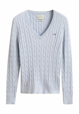 Light blue cable-knit long-sleeve sweater with V-neck, ribbed cuffs and hem, and small embroidered logo on chest.