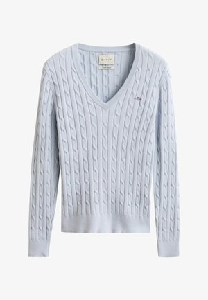 Light blue cable-knit long-sleeve sweater with V-neck, ribbed cuffs and hem, and small embroidered logo on chest.
