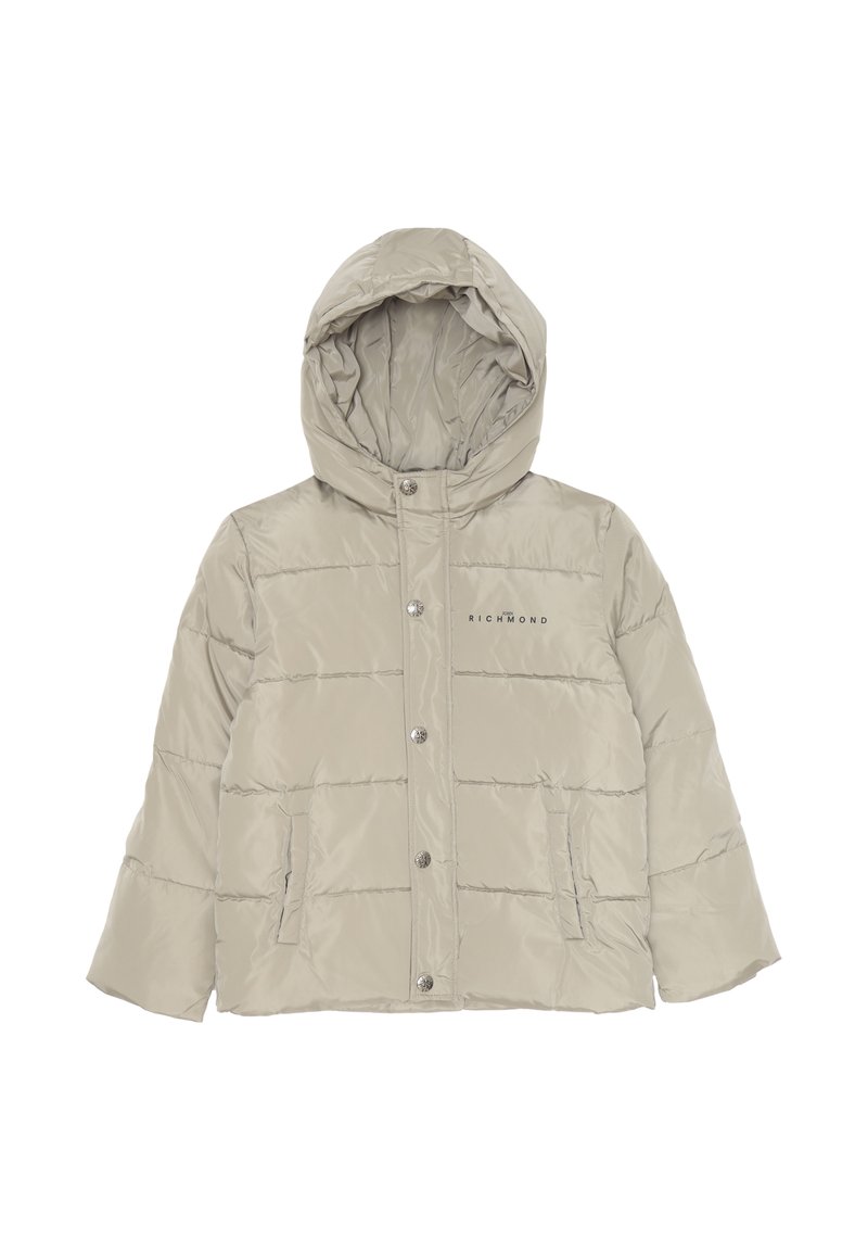 Giacca imbottita beige con cappuccio, caratterizzata da una chiusura frontale a bottoni, due tasche laterali e pannelli orizzontali cuciti. Logo del marchio in evidenza.