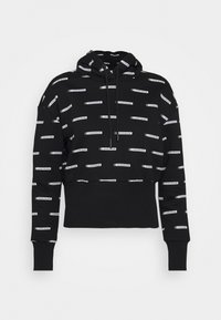 Svart kort hoodie med ett upprepat vitt mönster av "Calvin Klein Jeans"-logotypen. Tillverkad av mjukt tyg med en justerbar huva och ribbade ärmslut.