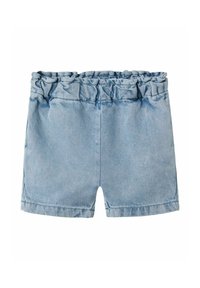 Jeansshorts i ljusblå färg, elastisk volangmidja och rak cut. Har en slät textur och enkel design.