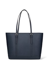 Borsa a mano blu navy realizzata in materiale sintetico testurizzato con due manici lunghi, caratterizzata da cuciture dettagliate e una forma strutturata.