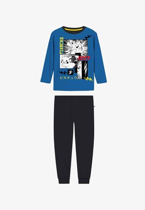 Camiseta de manga larga azul con pantalones negros, con gráficos de Pikachu de estilo cómic y texto en japonés en la parte superior.