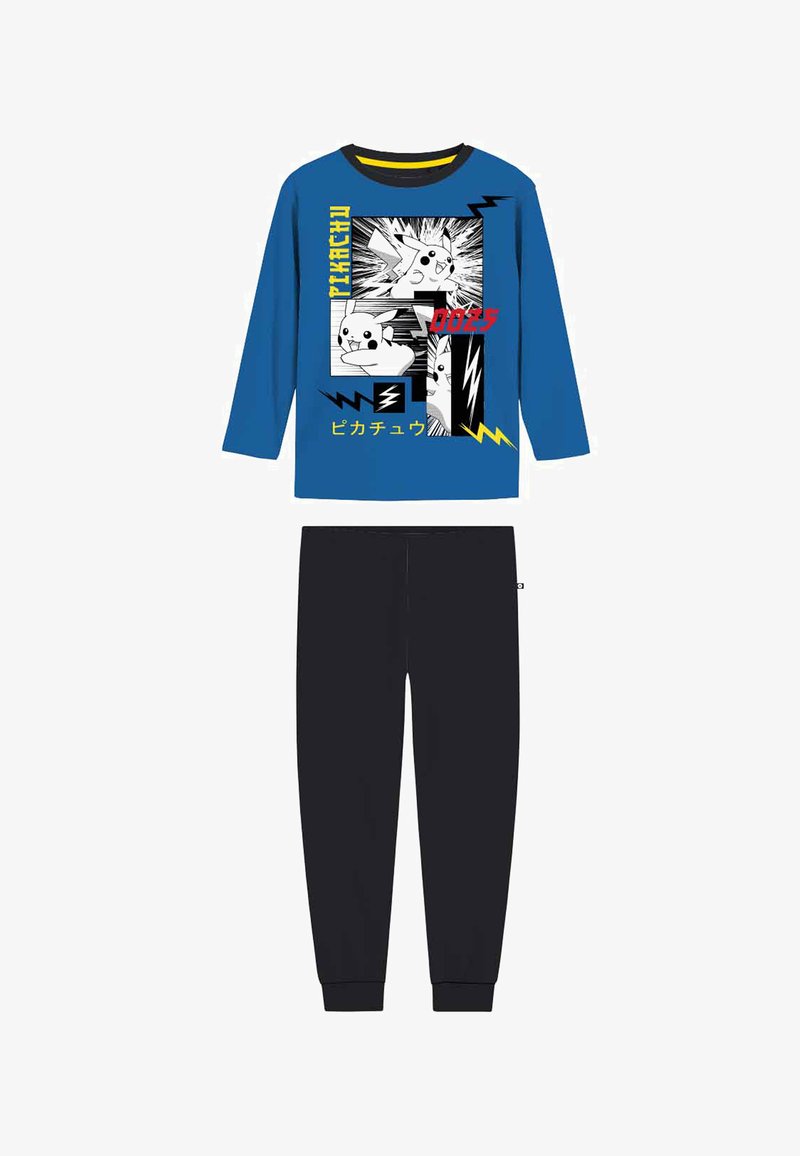Camiseta de manga larga azul con pantalones negros, con gráficos de Pikachu de estilo cómic y texto en japonés en la parte superior.
