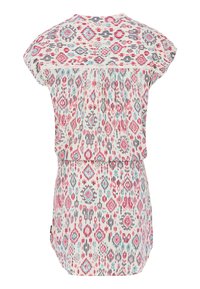 Top à manches courtes en tissu léger avec un motif géométrique coloré dans des tons de rose, bleu et gris. Coupe décontractée avec des détails froncés.