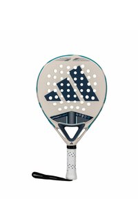 Adidas-Paddle-Schläger mit runder Form, hellbeigem Rahmen, blauen Akzenten, strukturiertem Griff und zahlreichen Perforationen zur Verbesserung des Spiels.