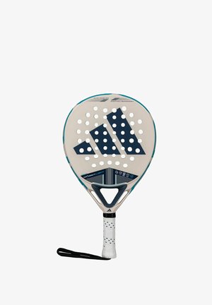 Adidas-Paddle-Schläger mit runder Form, hellbeigem Rahmen, blauen Akzenten, strukturiertem Griff und zahlreichen Perforationen zur Verbesserung des Spiels.