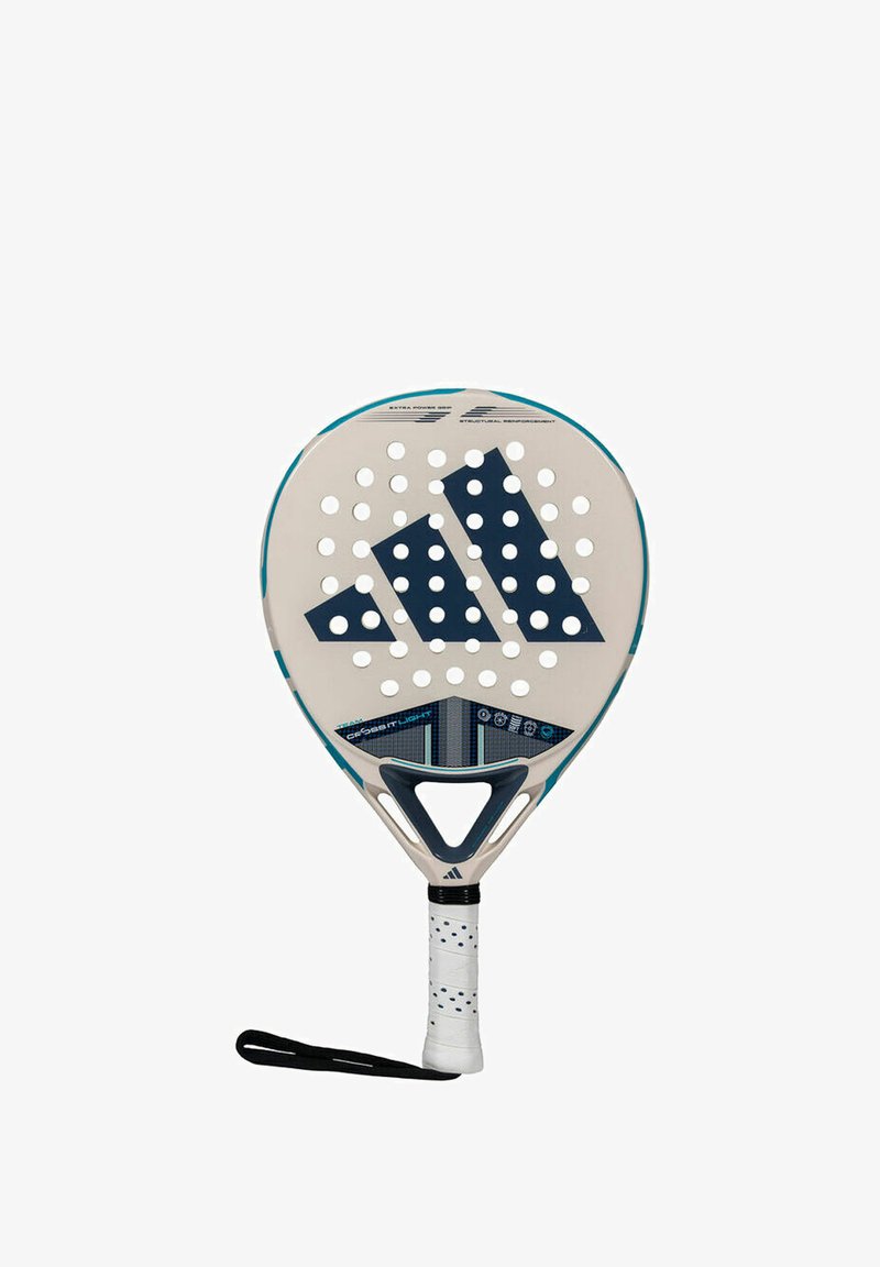 Racchetta da paddle Adidas con forma rotonda, telaio beige chiaro, dettagli blu, impugnatura testurizzata e numerose perforazioni per migliorare il gioco.