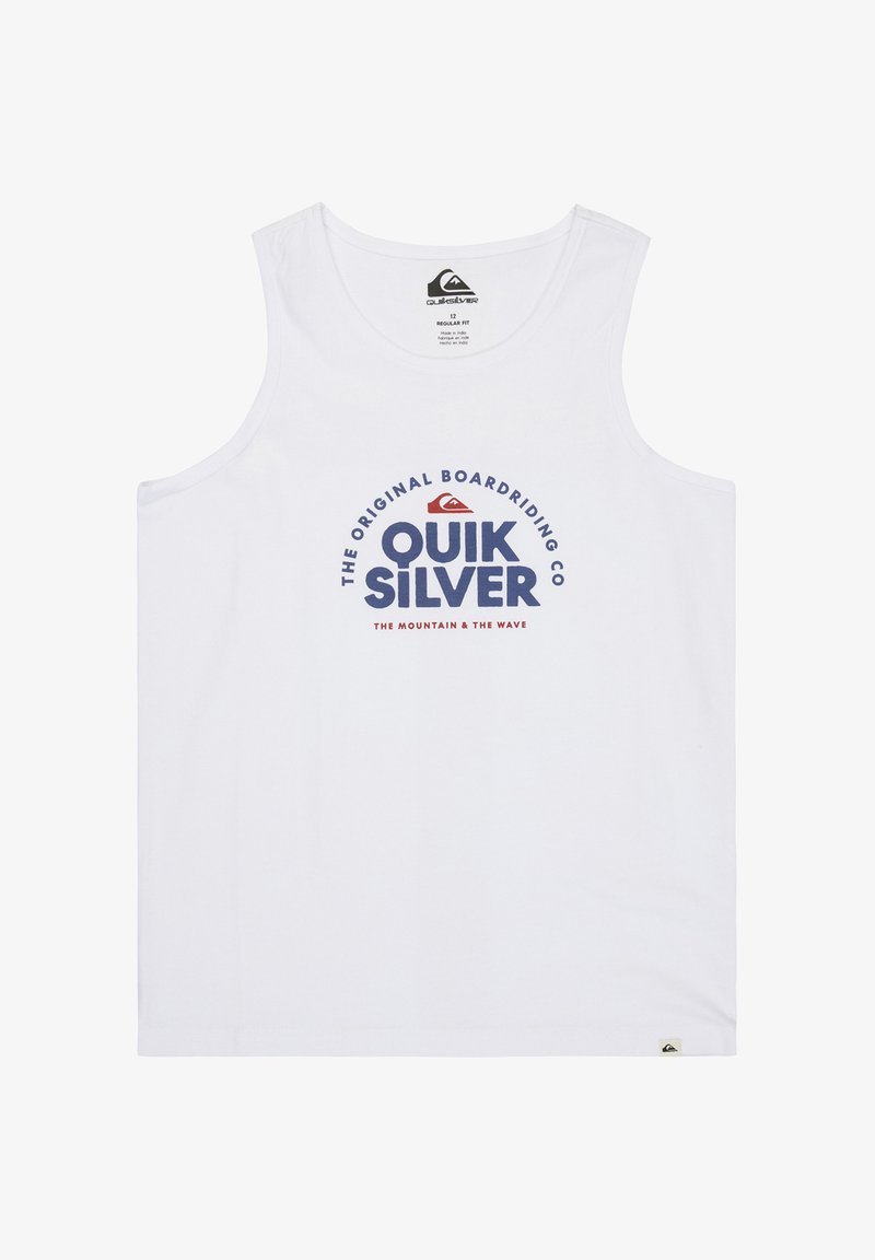 Débardeur blanc sans manches avec le logo "QUIKSILVER" et les textes "THE ORIGINAL BOARDRIDING CO" et "THE MOUNTAIN & THE WAVE" en bleu et rouge.