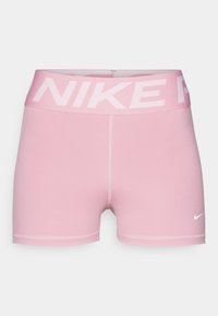 Pink athletic shorts with a wide waistband featuring the Nike logo in light pink, made from stretchy fabric for comfort and mobility.