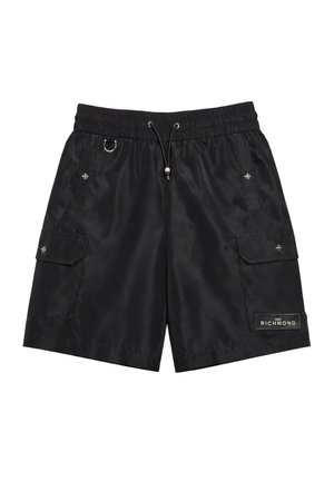 Pantaloncini con vita elastica nera con coulisse, tasche laterali con patta, dettaglio ad anello metallico e patch del marchio Richmond sulla parte inferiore della gamba destra.