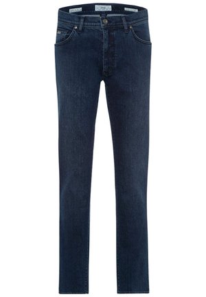Donkerblauwe spijkerbroek met een rechte pijp, voorzien van vijf zakken, een knoopsluiting en subtiele stikseldetails.