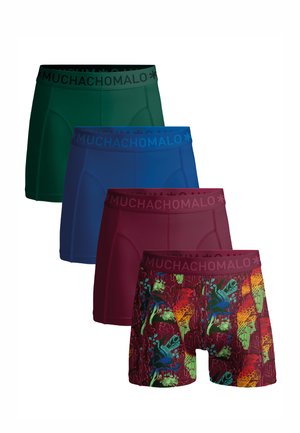 Four pairs of men's boxer shorts: dark green, blue, burgundy, and a patterned burgundy with colorful designs. All feature a branded waistband.