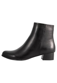 Stivali alla caviglia in pelle nera con una silhouette elegante, punta rotonda e tacco a blocco basso. Texture liscia con dettagli di cucitura minimi.