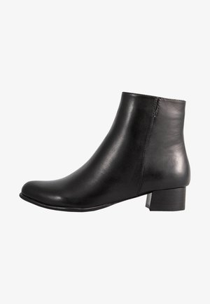 Czarne skórzane botki za kostkę o eleganckim kształcie, okrągłym nosku i niskim słupkowym obcasie. Gładka faktura z minimalnymi detalami przeszyć.