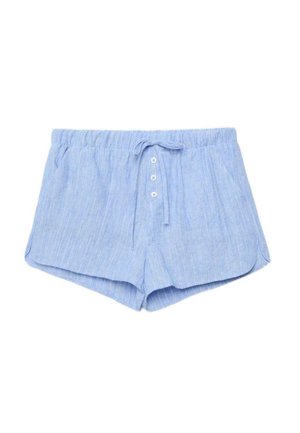 Short en lin bleu clair avec ceinture élastique, cordon de serrage à l'avant, trois boutons, poches latérales et ourlets arrondis.