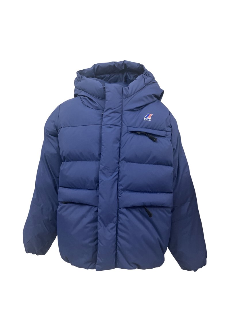 Giacca a vento blu con cappuccio, caratterizzata da un design trapuntato, zip frontale e tasca sul petto con zip. Tessuto liscio e materiale leggero.