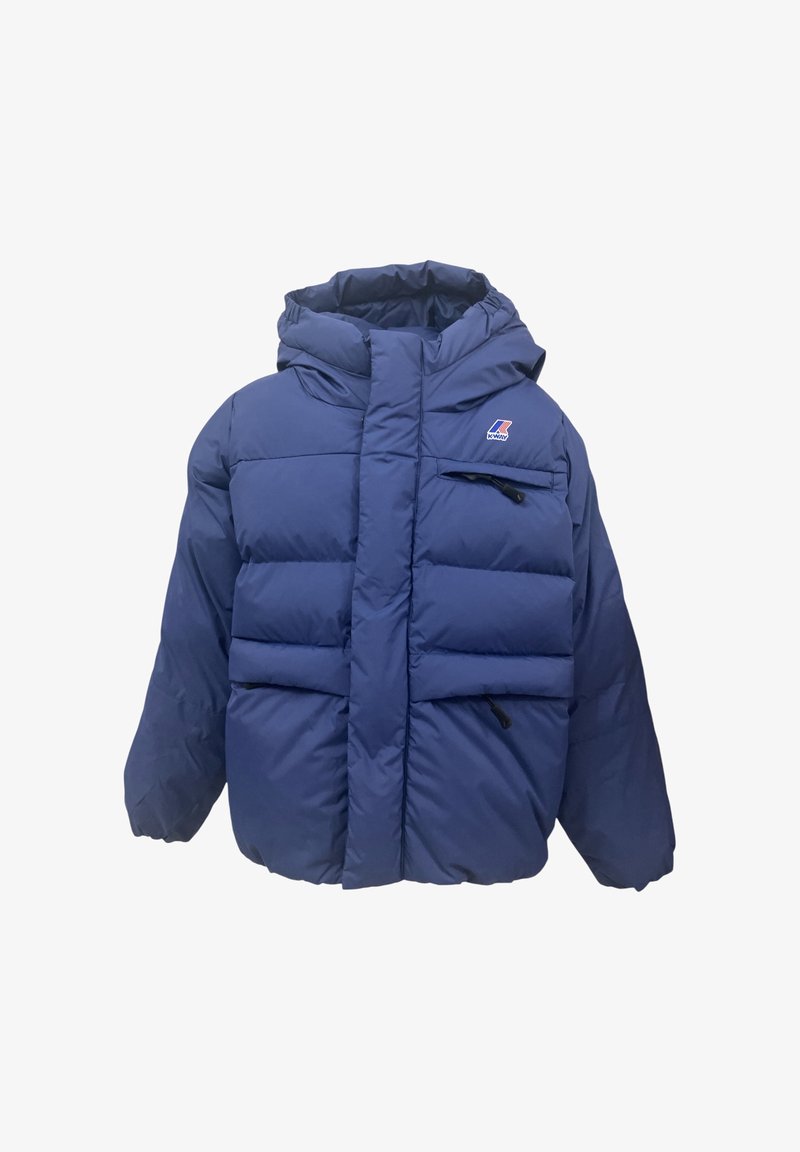 Giacca a vento blu con cappuccio, caratterizzata da un design trapuntato, zip frontale e tasca sul petto con zip. Tessuto liscio e materiale leggero.