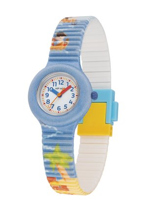 Montre colorée pour enfants avec un bracelet en silicone bleu à motifs et un cadran rond blanc. Présente une aiguille des heures orange, une aiguille des minutes bleue et des chiffres faciles à lire.