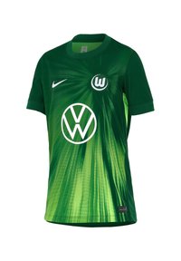 Maglia da calcio verde con un design a gradiente, dotata di colletto rotondo, maniche corte, un logo Nike bianco e il logo Volkswagen sul davanti.