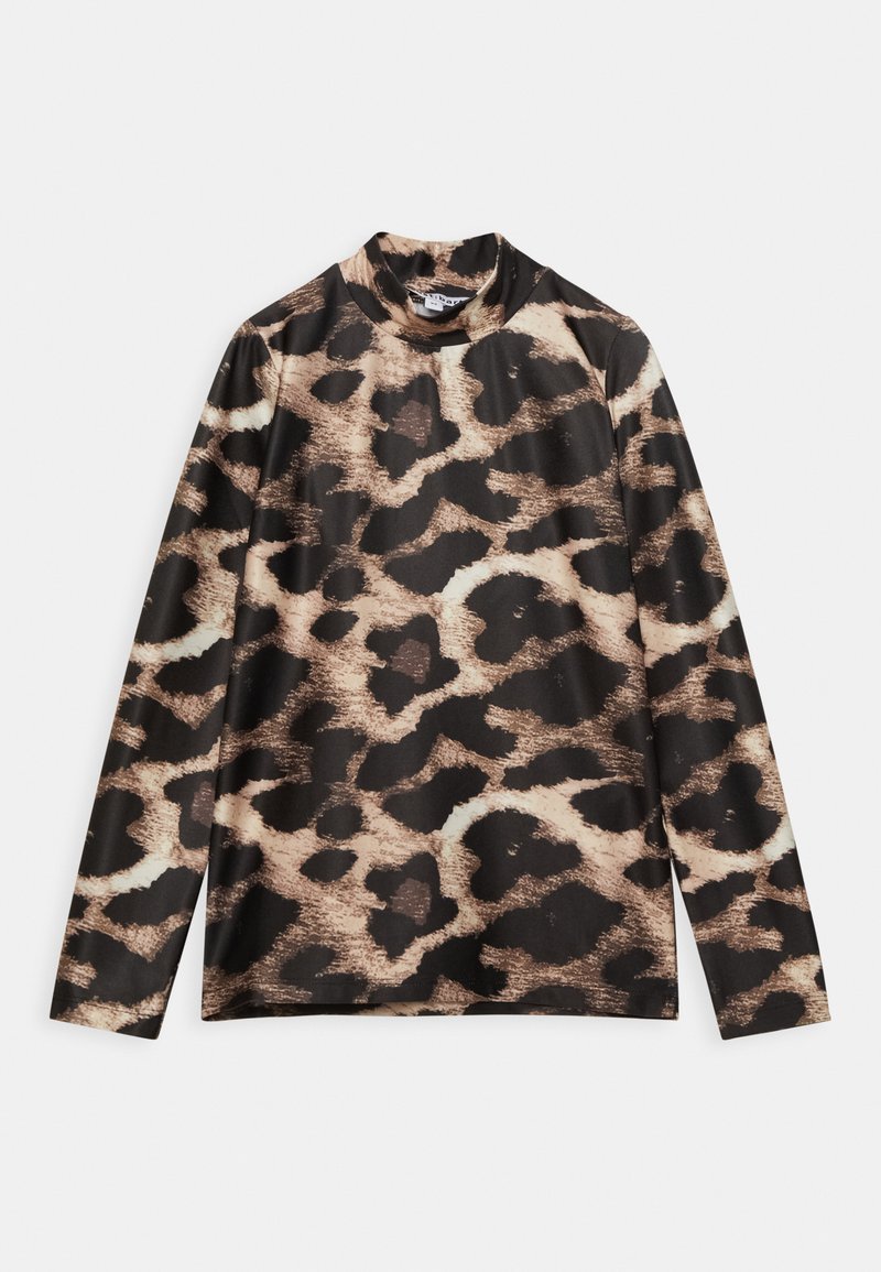 Camisola de manga longa com estampa de leopardo em preto e bege, feita de um tecido suave, com gola alta e um corte descontraído.
