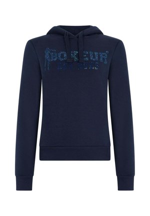 Felpa con cappuccio blu navy con coulisse, caratterizzata da un logo glitterato a rilievo in azzurro chiaro sul petto, polsini e orlo a coste.