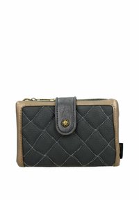 Billetera de cuero en gris oscuro con un patrón acolchado, costuras detalladas y un cierre de botón a presión en tono dorado. Presenta un borde en contraste en color beige.