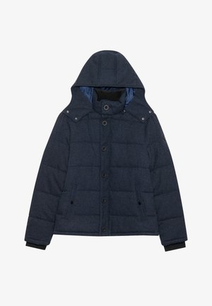 Giacca a vento imbottita blu scuro con cappuccio, dotata di chiusura a bottoni, tasche laterali e polsini a costine. Il materiale sembra testurizzato e isolato.