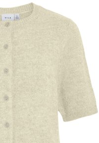 Lichtbeige cardigan gemaakt van zacht gebreid materiaal. Beschikt over een ronde halslijn, korte mouwen en vijf bijpassende knopen aan de voorkant.