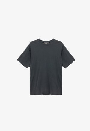 Schwarzes Baumwoll-T-Shirt mit kurzen Ärmeln, Rundhalsausschnitt, lässiger Passform und glatter Textur. Keine sichtbaren Muster oder Akzente.