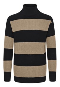Svart og beige stripete genser med høy hals og ribbestruktur, med tykke horisontale striper og en tettsittende hals.