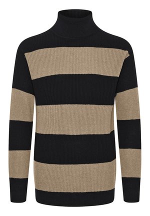 Črna in bež prugasta turtleneck pulover z rebrasto teksturo, ki ima debele vodoravne pruge in oprijet ovratnik.