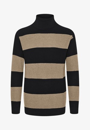Fekete és bézs csíkos garbós pulóver bordázott textúrával, vastag vízszintes csíkokkal és testhezálló nyakkal.