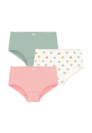 Tre slip da donna in verde pastello, rosa pieno e bianco con motivi di cuori multicolori, ciascuno con un piccolo fiocco in vita.